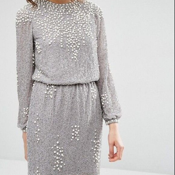 ASOS Silver Pearl Embellished Beaded Cocktail Mini Dress Long Sleeve Party 0 - Picture 1 of 10